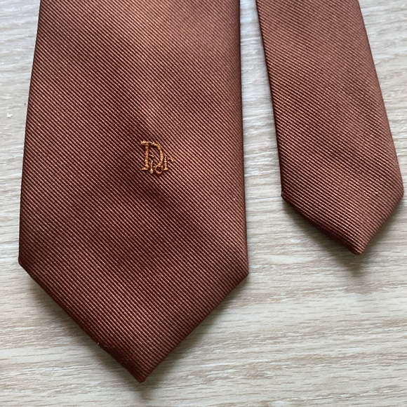 Vintage Dior Logo Bullocks Cognac Terracotta Rustic Woven Poly Silk Twill Tie - Picture 5 of 13